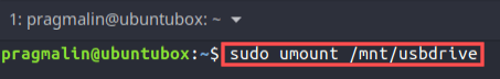 Terminal screenshot that shows you how to manually unmount a previously mounted USB drive.