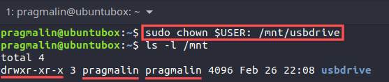 Terminal screenshot that explains how to use the chown command to give your user write permissions to the mounted USB drive in Linux.