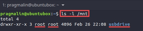 Terminal screenshot that uses the ls command to determine the current owner of the root directory on the USB drive's mounted partition.