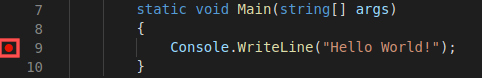 Screenshot of the Visual Studio Code editor that shows the breakpoint indicator on a C# source code line.