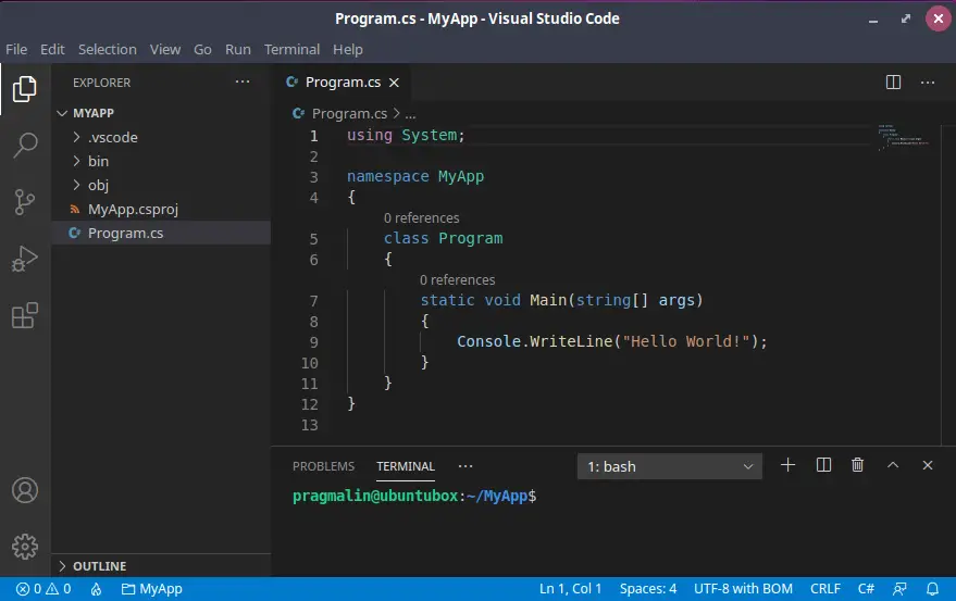 Screenshot of Visual Studio Code on Linux with the newly created C# console application project opened.