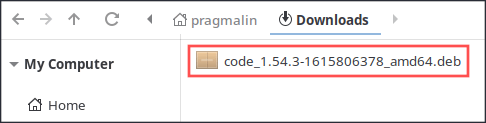 File manager screenshot that shows where the Visual Studio Code DEB packages was downloaded to and under what filename.