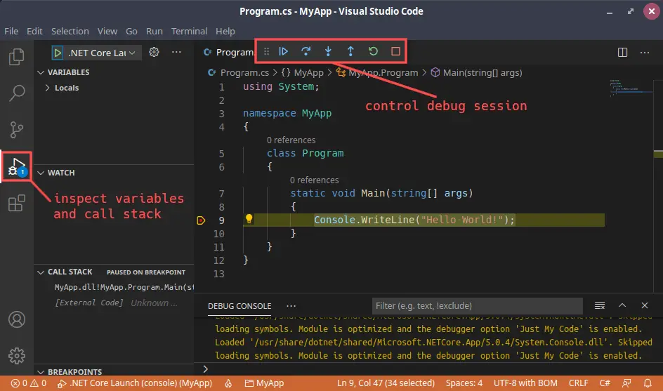 Screenshot of debugging a C# console application in Visual Studio Code on Linux. It highlights the debugging specific user interface elements.