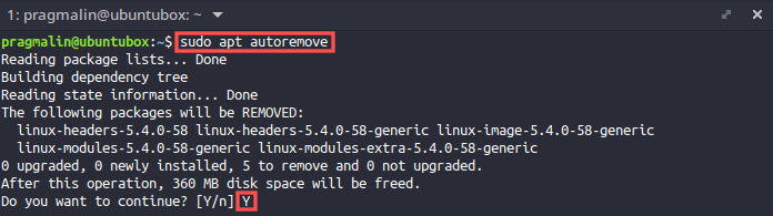 Screenshot of the command output from "sudo apt autoremove". You use it to remove software packages that are no longer needed. This is the last step in the procedure for how to update your Ubuntu system in the terminal.