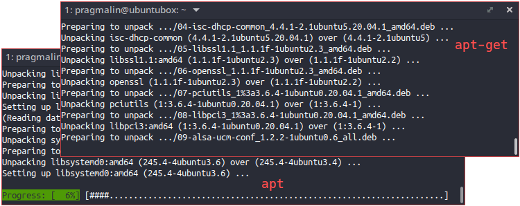 Comparison of apt versus apt-get when upgrading software packages in Ubuntu. If shows that apt is the more user-friendly program.