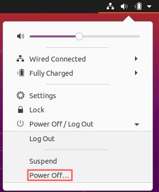 Screenshot that show you how to power off your Ubuntu virtual machine.