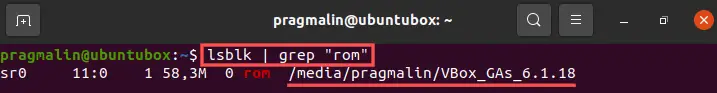 Terminal screenshot that shows the output of the lsblk | grep "rom" command. It is used to determine the mountpoint of the VirtualBox guest additions CD image.