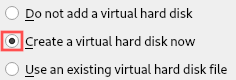 Screenshot highlighting to select the option to create a new virtual hard disk for the Ubuntu VirtualBox virtual machine.