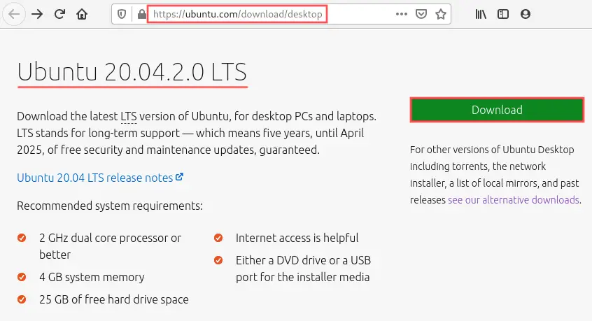 Web browser screenshot that shows you how to download the Ubuntu 20.04 ISO image, which will be used to install Ubuntu in a VirtualBox virtual machine.