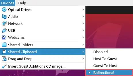 Ubuntu VirtualBox virtual machine screenshot that shows how to enable the bi-directional screenshot.