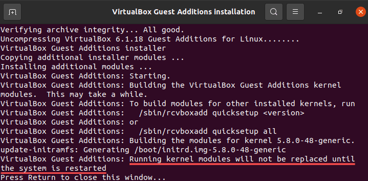 Terminal screenshot that shows the progress of the install of the VirtualbBx guest additions in the Ubuntu virtual machine.