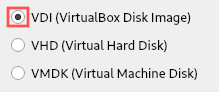 Screenshot showing you which hard disk file type to select for the virtual machine. Go for VDI as this is the VirtualBox native virtual hard disk file type.