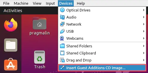 Screenshot of the Ubuntu virtual machine in VirtualBox that shows how to insert the guest additions CD image.