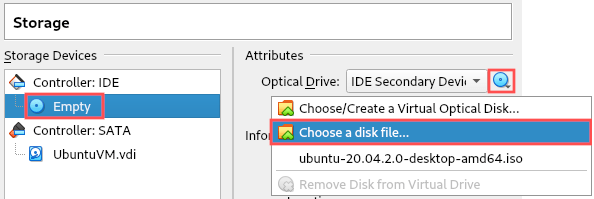 VirtualBox screenshot that illustrates how to attach the downloaded Ubuntu ISO image to the virtual machine's virtual DVD drive.