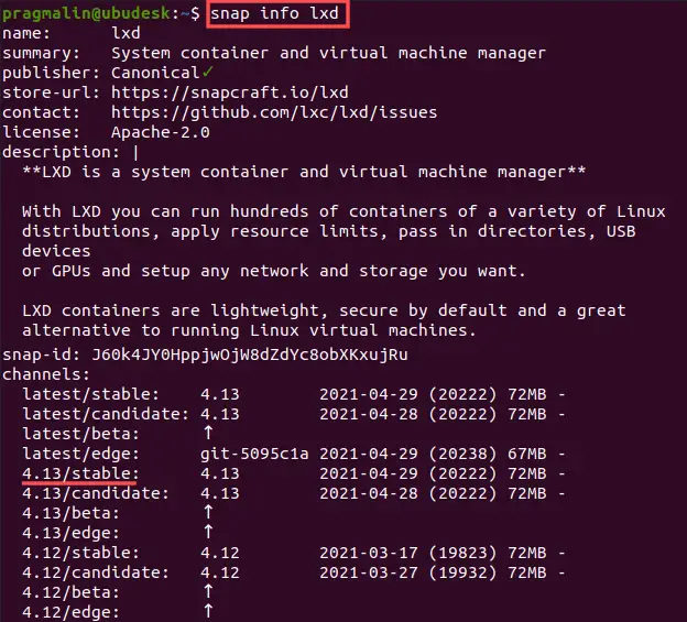 Terminal screenshot showing the output of command "snap info lxd". It lists the available channels of the LXD Snap package.