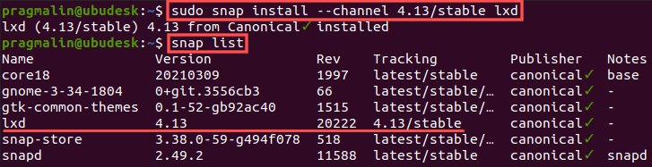 Terminal screenshot that shows how to install the LXD Snap package from a specific channel. This is a workaround to disable the automatic Snap update feature. This way the Snap will get updates and fixes, but will never update to a newer version.