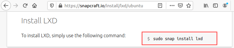 Browser screenshot of finding the LXD Snap installation instructions on the Snapcraft website.