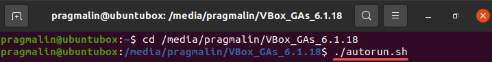 Terminal screenshot that explains how to manually start the install process for the VirtualBox guest additions in the Ubuntu virtual machine.