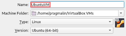 Screenshot that shows how to set the name and operating system type for the VirtualBox virtual machine, in which we plan to install Ubuntu.