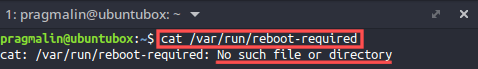 Output of the command "cat /var/run/reboot-required" in case no reboot is actually needed. In this case, the file is not present.