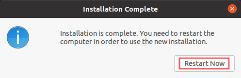 Screenshot of the Ubuntu installation complete dialog, highlighting the Restart Now button.