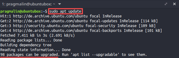 Terminal screenshot that shows the output of command "sudo apt update". This is the first step in the procedure for how to update the software packages on your Ubuntu system from the terminal.