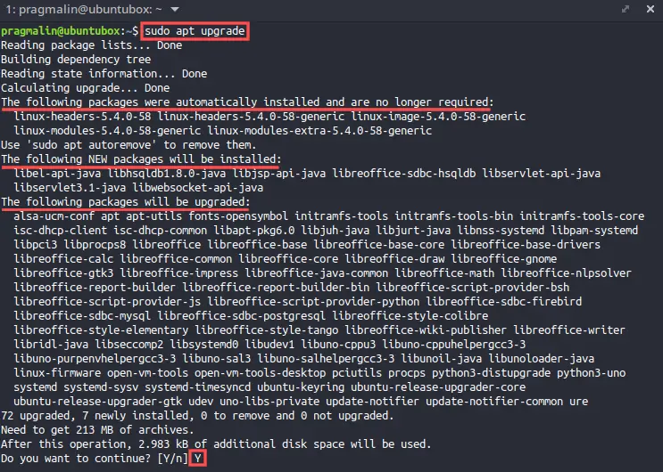 Terminal screenshot that shows the command output of "sudo apt upgrade". This is step two in the sequence for how to update your Ubuntu system in the terminal.