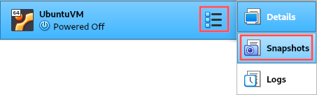 Screenshot of the VirtualBox user interface that explains how to access the snapshots view of a virtual machine.