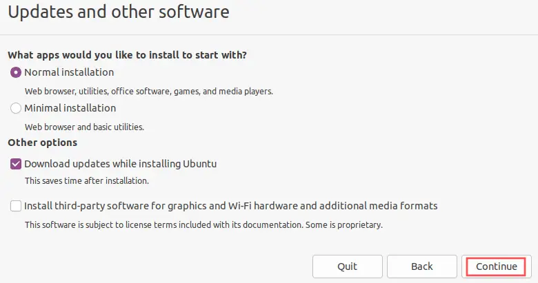 Ubuntu installer screenshot that shows you the recommended software installation options.