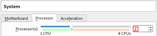 Screenshot of the VirtualBox virtual machine settings that shows you how to increase the number of CPU cores assigned to the virtual machine. Go for at least 2, but no more than half, offered by your PC's CPU.