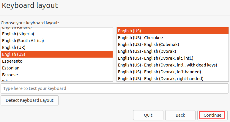 Screenshot of the Ubuntu installer that shows you how to configure the correct layout for your keyboard.