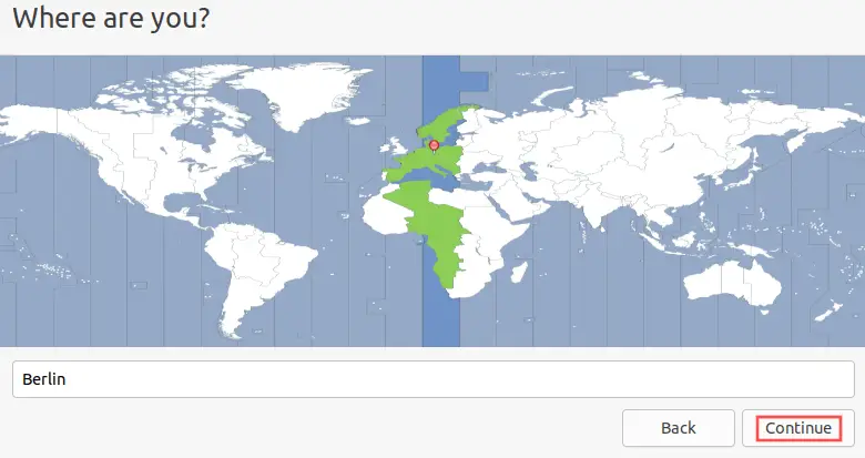 Ubuntu installer screenshot that shows you how to configure the correct timezone.
