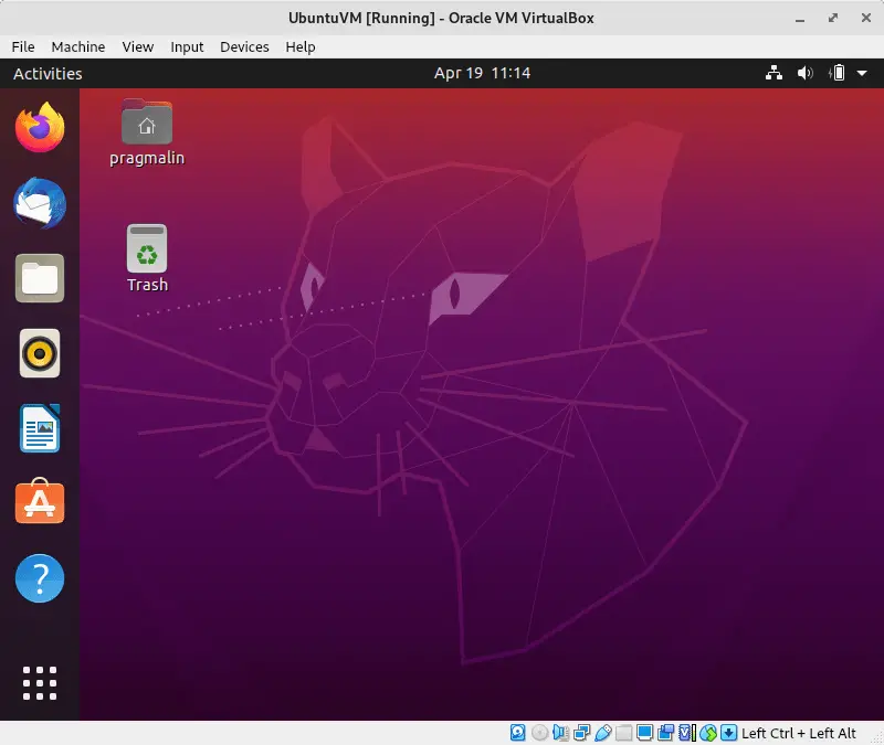 Screenshot of what the Ubuntu desktop looks like after you completed the steps in this article about how to install Ubuntu in VirtualBox.