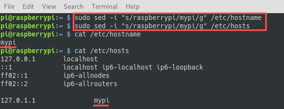 Terminal screenshot that shows you how to change the hostname of your Linux system directly on the command line with sed.