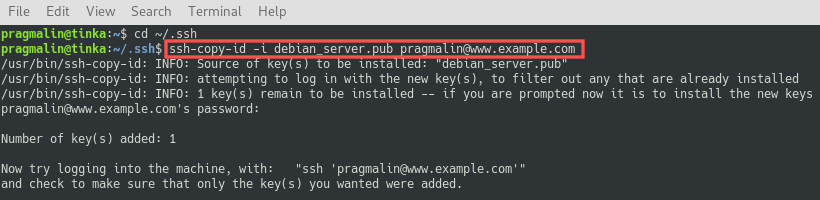 Terminal screenshot that shows you how to copy the public SSH key file to your Linux server. It used the ssh-copy-id command. Afterwards, the public SSH key file is added to the authorizedkeys file on the server.