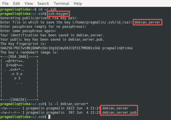 Terminal screenshot that shows how to generate and SSH key pair using the ssh-keygen command. It is step one in configuring the SSH server for login without a password.