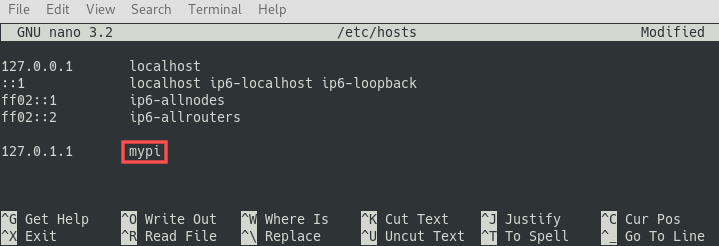 Screenshot of editing the /etc/hosts file with Nano, for changing the hostname.