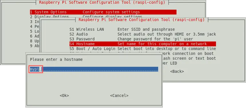 Raspi-config screenshot that explains where you can change the hostname for your Raspberry PI.