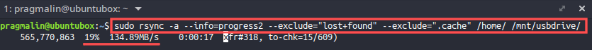 Terminal screenshot that shows the rsync command for creating a backup of the home directory of your Linux system, to an external USB drive.