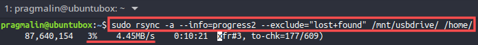 Terminal screenshot that shows the rsync command to restore the backup of your Linux home directory.