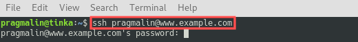 Terminal screenshot about how to connect to an SSH server with a username and password combination.