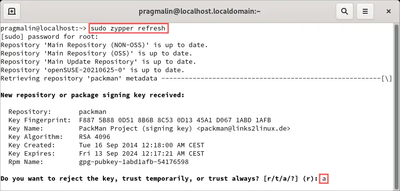 Terminal screenshot that shows how to refresh the package repositories after adding the Packman repository for openSUSE Tumbleweed. It also highlights how to accept the repository's signing key.