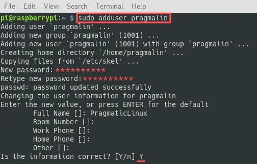 Terminal screenshot explaining how to add a new user account to your Raspberry PI. This should be done before deleting the pi user from your Raspberry PI.