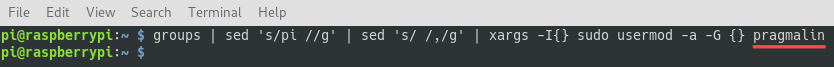 Terminal screenshot that show how you can add your new user to the same groups as the pi user. Note that this includes the sudo group.