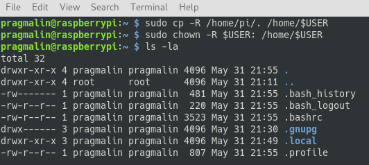 Terminal screenshot that shows how to copy the pi user's home directory contents to the home directory of the new user account.