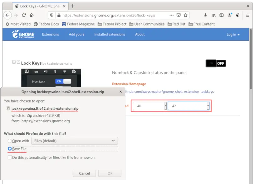 Web browser screenshot that show you how to download the ZIP file of a Gnome extension.