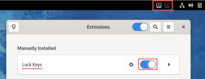 Screenshot of the Gnome Extensions / Tweaks application and a partial of the Gnome panel. It highlight how to enable the Gnome extension.