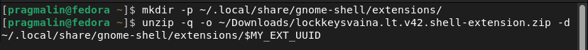 Terminal screenshot that shows you how to manually install a Gnome extension by extracting its ZIP file to the UUID directory name in "~/.local/share/gnome-shell/extensions/".