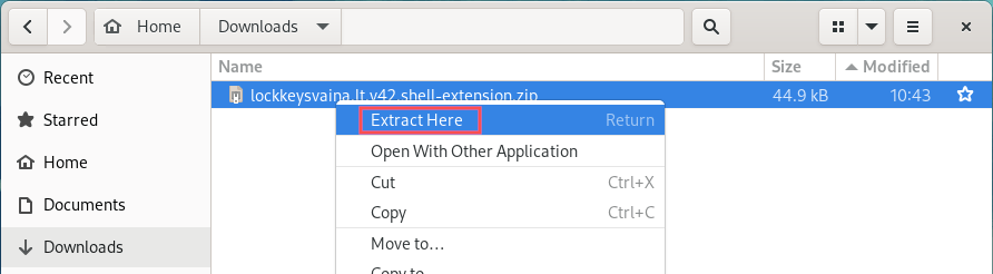 Nautilus screenshot that shows you how to extract the ZIP file of the downloaded Gnome extension.