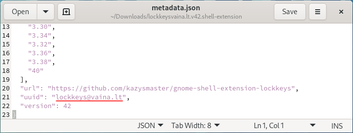 Text editor screenshot that highlights how to find the UUID inside the metadata.json file of a Gnome extension.